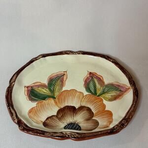 Vintage Portuguese Hand-Painted Ceramic Platter – Rustic Floral (Signed, #200)